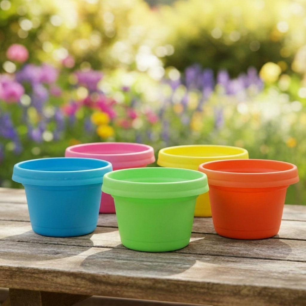7 inch Bright Multi Colors Pots with Saucers- (Case of 5) - Plastic...