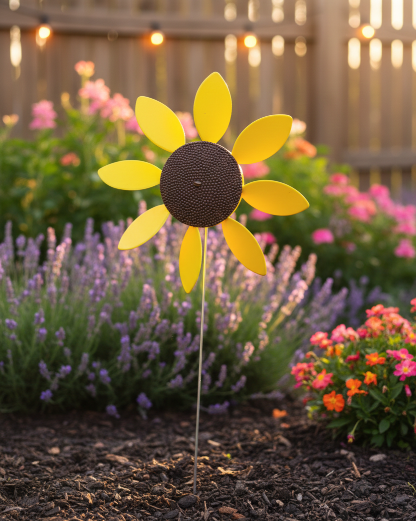 Full Bloom 14 inch Spinning Daisies (Pack of 9) Beloit Plastics Lawn Pinwheels, 29" Tall Pinwheel and Wind Spinners, Garden, Party Pinwheel, Flower Spinner, for Patio, Lawn & Garden