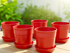 Austin Planter Plastic Flower Pots with Saucers, 4 inch, Red 5 Pack, s Planter, Nursery Planter, Colorful Flower Pots with Saucers