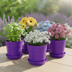 Austin Planter Plastic Flower Pots with Saucers, 4 inch, Purple, 5 Pack, s Planter, Nursery Planter, Colorful Flower Pots with Saucers